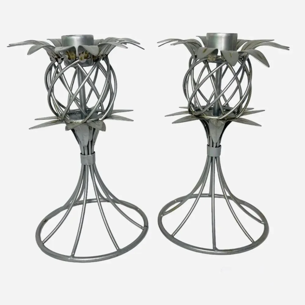 Pineapple Shape Metal Candle Sticks Holders Hawaiian Tropical Coastal Set of 2